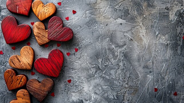   A group of wooden hearts arranged together on a gray background, with red hearts in their centers