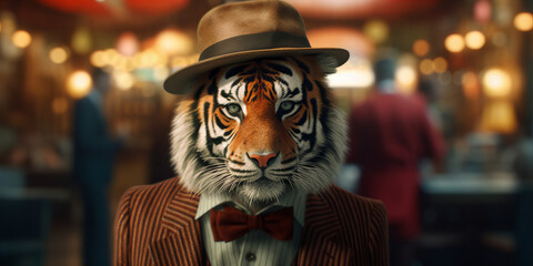 Dapper Tiger in Fedora Hat Enjoys Vintage Carnival Atmosphere - Elegant Banner