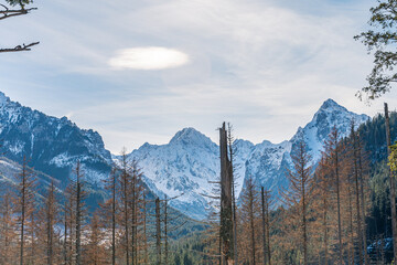 Snow-covered mountain peaks. Winter in the mountains. Polish mountains.
