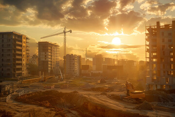 A late afternoon construction site on the outskirts assembling futuristic apartment buildings under a golden sunset. / - obrazy, fototapety, plakaty