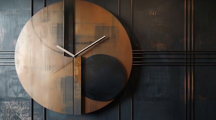 A detailed shot of a designer wall clock, featuring a unique asymmetrical design, minimalist face, and metallic accents, adding contemporary flair to a living room or office space.