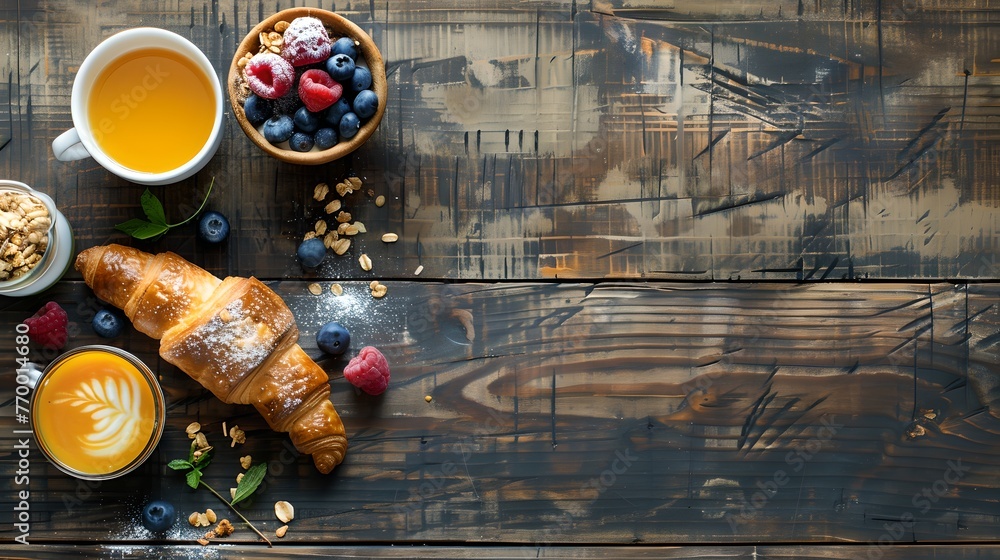 Poster Delicious breakfast spread on a rustic wooden table. Fresh croissant, berries, and orange juice. Ideal for a healthy lifestyle theme. Perfect for culinary blogs. AI