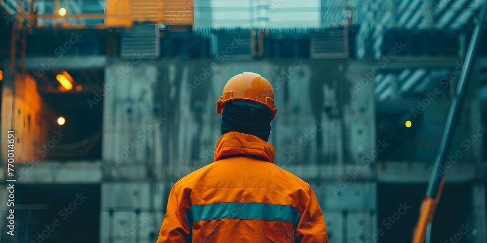 Poster construction engineer in safety gear monitoring project progress at building site. concept construct