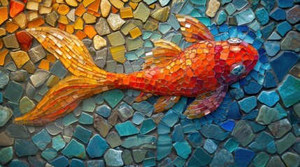 A colorful mosaic of a goldfish on a blue and green background.