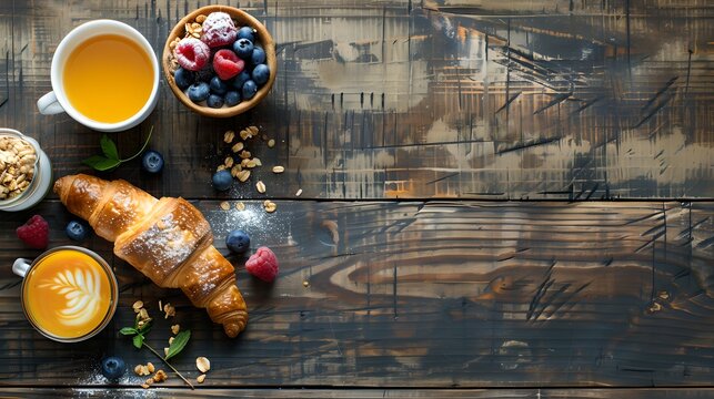 Delicious breakfast spread on a rustic wooden table. Fresh croissant, berries, and orange juice. Ideal for a healthy lifestyle theme. Perfect for culinary blogs. AI