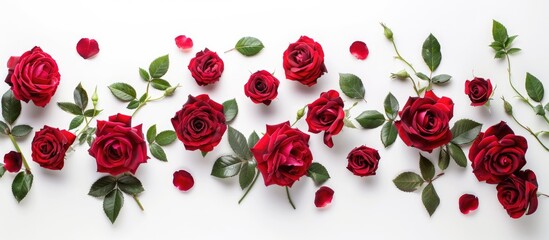 English rose composition with a festive flower arrangement against a white background. Top view, flat lay with space for text. Ideal for occasions like birthdays, Mother's Day, Valentine's Day,