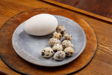 Chicken goose and quail eggs on a gray plate on a wooden table comparison