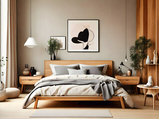 Fototapeta na wymiar Scandinavian interior design of modern bedroom. Natural wood bed and bedside cabinets against wall with two poster frames.