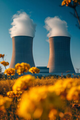 nuclear power plant with cooling towers, rape seed field in the foreground