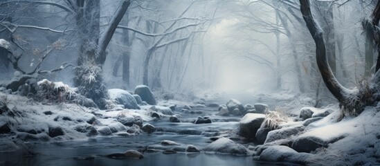 A tranquil atmosphere in a snowy forest with a stream flowing through, trees covered in snow, creating a beautiful natural landscape under the freezing sky