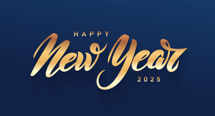 2025 logo Happy New Year Design. Happy New Year hand gold lettering calligraphy. Golden luxury typographic element for banner, poster, congratulations. Minimalistic vector holiday illustration element - obrazy, fototapety, plakaty