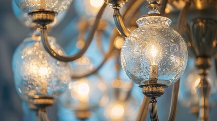 A macro image of a designer pendant light fixture, featuring hand-blown glass shades, brass accents, and intricate detailing, adding elegance and charm to any room. - obrazy, fototapety, plakaty
