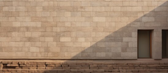 A rectangular brick wall with a wooden door, casting a shadow on the grassy soil. The brickwork forms a pattern of triangles and rectangles - Powered by Adobe