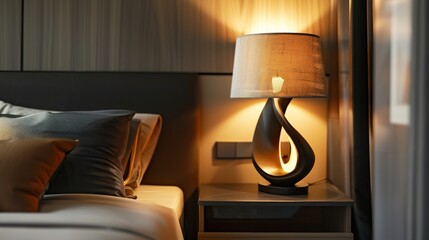 A macro image of a designer table lamp, featuring sculptural base, fabric shade, and dimmable lighting, adding warmth and ambiance to a modern bedside table or desk.