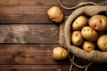 Raw potato food Fresh potatoes in an old sack on a wooden table, raw potatoes in a sack closeup, raw potatoes closeup, potatoes on a wooden table, potatoes closeup in the bag, a bag with potatoes