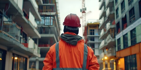 Construction Engineer Monitoring Project Progress at Building Site. Concept Construction Site, Project Progress, Engineering, Monitoring, Building Site