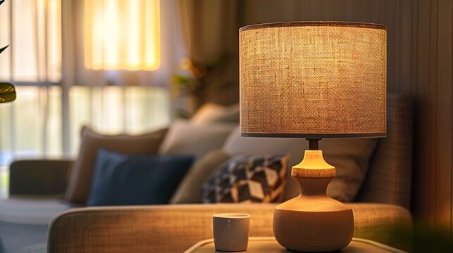 A macro image of a designer table lamp, featuring sculptural base, fabric shade, and dimmable lighting, adding warmth and ambiance to a modern bedside table or desk.