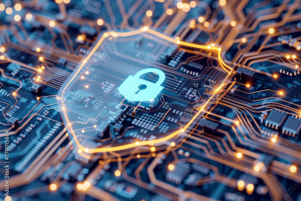 Poster a computer chip with a blue lock on it