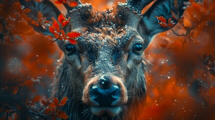 A deer with its head down and its eyes closed - obrazy, fototapety, plakaty