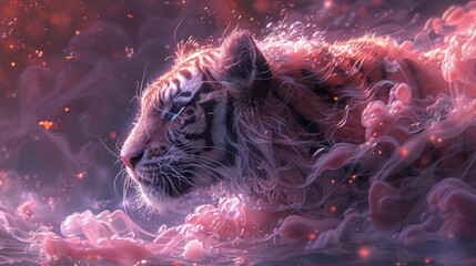 A tiger is swimming in pink water with a pink background