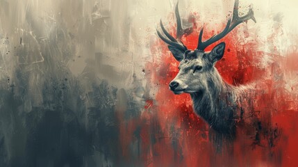 A deer with antlers is standing in front of a red background - obrazy, fototapety, plakaty