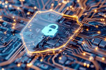 A computer chip with a blue lock on it