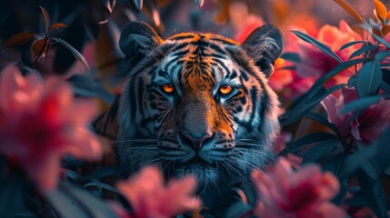 A tiger is in a forest with pink flowers - obrazy, fototapety, plakaty