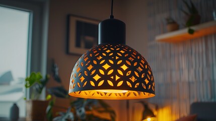 A macro image of a modern pendant lampshade, featuring intricate laser-cut patterns, diffused lighting, and a sculptural silhouette, adding visual interest to any room.