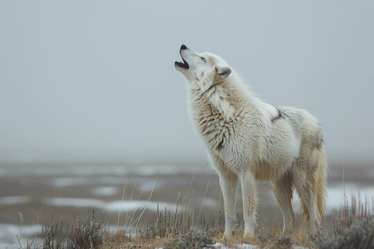 Arctic Wolf Howling in Winter Landscape