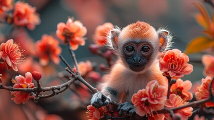 Fototapeta premium A baby monkey is sitting on a branch of a tree with pink flowers