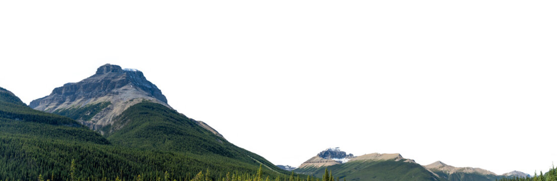 PNG panoramic view of a mountain range with a transparent sky.  The rocky crags are surrounded by green slopes covered in trees.
