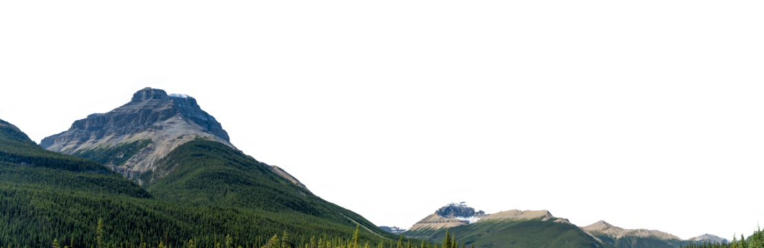 PNG panoramic view of a mountain range with a transparent sky.  The rocky crags are surrounded by green slopes covered in trees.
