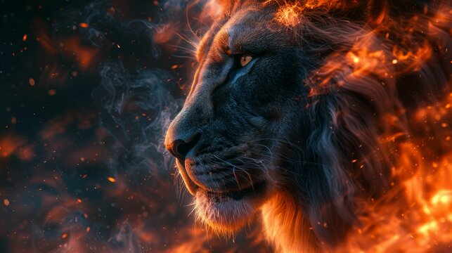 A lion with a fiery mane and a glowing face