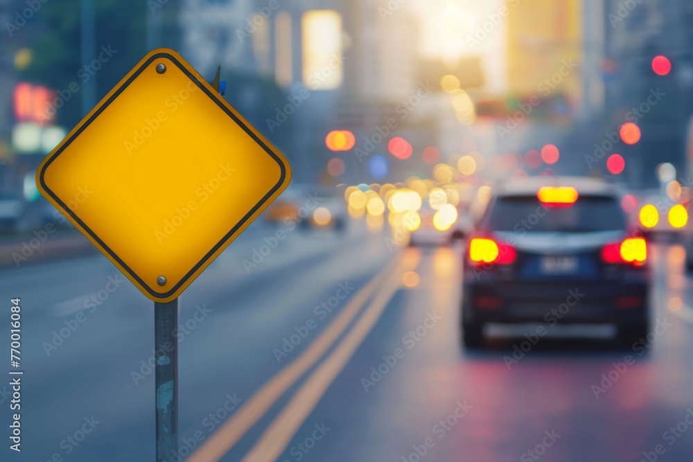 Wall mural Yellow blank road sign on blurred background of car driving in traffic Generative AI