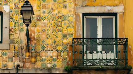 Charming Traditional Façade with Ornate Tiles and Wrought Iron Balcony. A Classic Style Building Exterior Captured in Warm Light. Perfect for Historical and Travel Themes. AI