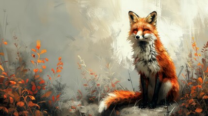 A fox is sitting in a field of autumn leaves - Powered by Adobe
