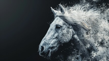 A horse with a white mane and a black background