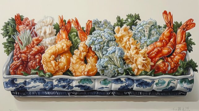 Shrimp on Blue and White Platter Painting
