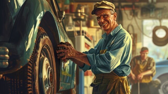 An elderly man near a car in a car service center. He wears a cap and smiles. In the background, another man is working on a car. The scene takes place in a garage.