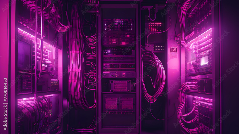 Poster a huge computer rack with the cables inserted