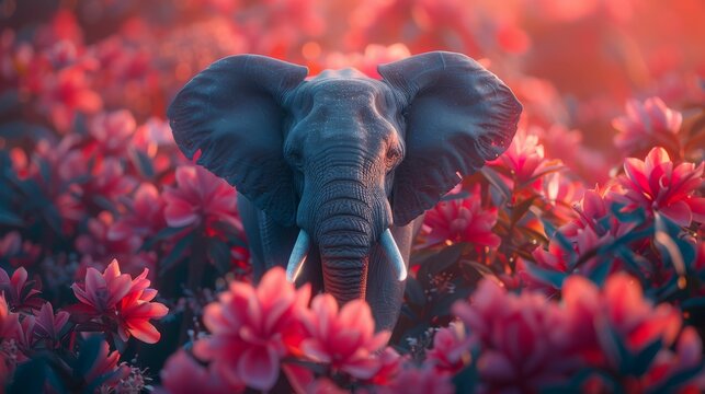 A large elephant is standing in a field of red flowers