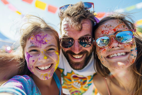A man and two girls are posing for a picture with colorful face paint