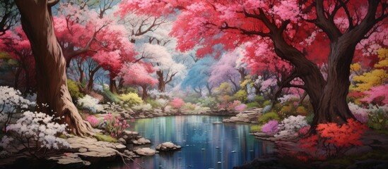 An art piece depicting a natural landscape with trees, flowers, and a river. The vibrant magenta flowers line the riverbank, creating a stunning reflection on the water - obrazy, fototapety, plakaty