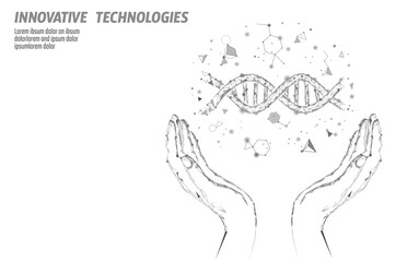  DNA 3D chemical molecule structure hands low poly. Polygonal triangle point line healthy cell part. Microscopic science blue medicine genome engineering vector illustration future business technology