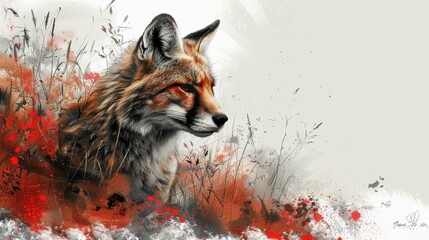 A fox is shown in a painting with red and brown colors