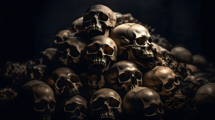 a large collection of human skulls is stacked on top of each other