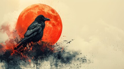 A black crow is perched on a red moon - obrazy, fototapety, plakaty