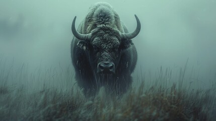 A large buffalo is standing in a field of tall grass - obrazy, fototapety, plakaty