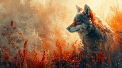 A fox is standing in a field of tall grass - obrazy, fototapety, plakaty