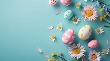 Bright Easter Celebration Scene with Pastel Eggs and Fresh Daisies. Seasonal Springtime Decor on a Blue Background. Festive and Joyful Holiday Arrangement. Perfect for Greeting Cards. AI